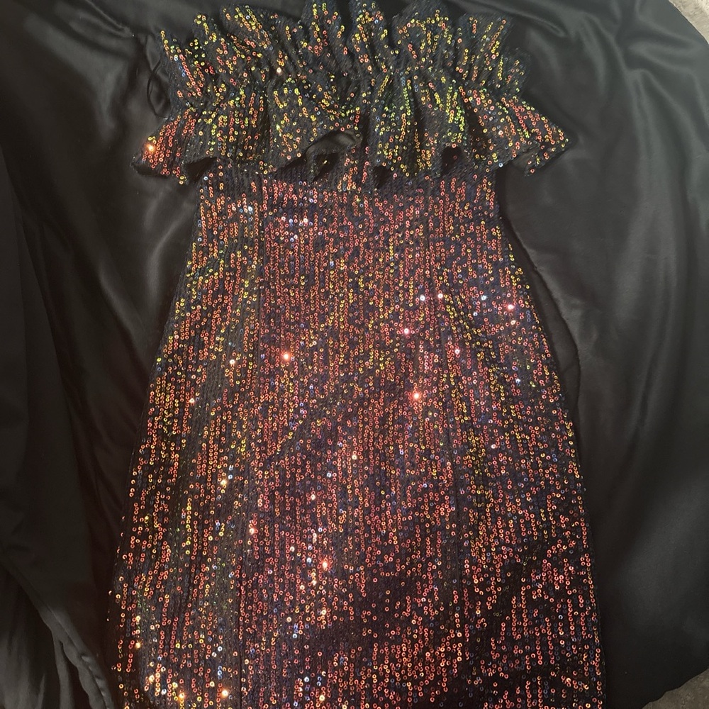 Marshalls Black and Pink Sequin Strapless Bodycon Mini Dress